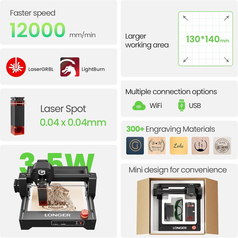 LONGER راي 5 جهاز نقش بالليزر 3500 مللي واط دقة عالية 0.04 * 0.04 مم قاطع ليزر صغير وآلة نقش 130x140 مم منطقة عمل للخشب والمعادن والأكريليك والزجاج - Image 2